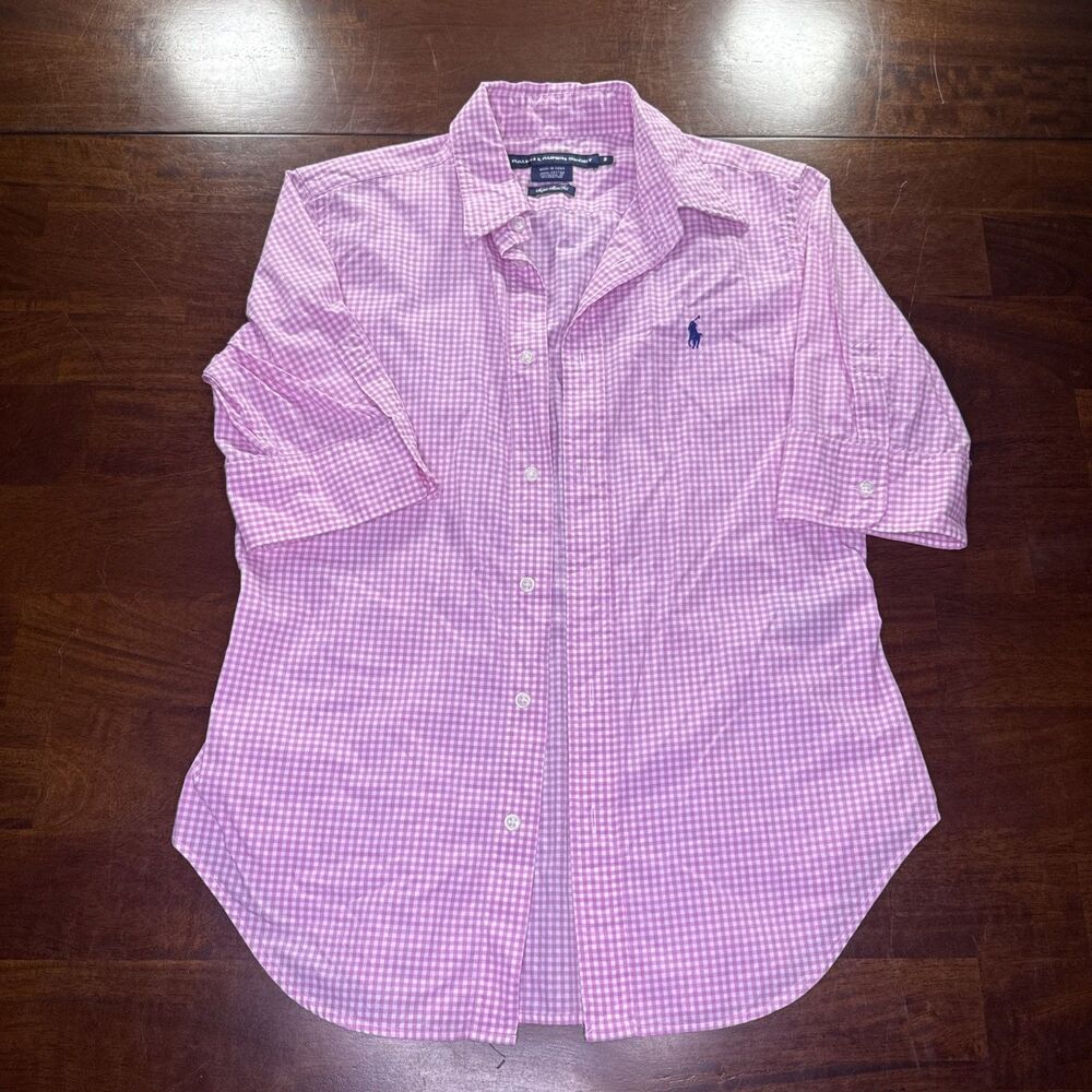 Ralph Lauren Sport Pink Button Down Shirt Womens 8 Super Slim Fit 100% Cotton